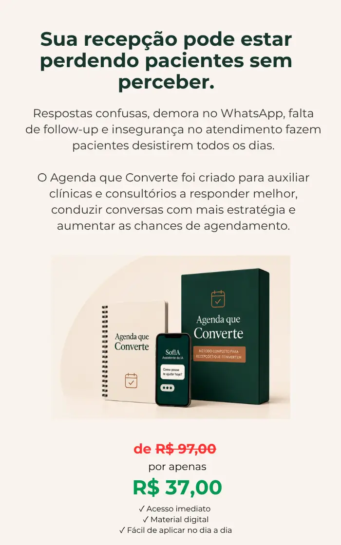 Agenda que Converte para clínicas e consultórios com scripts estratégicos, inteligência artificial SofIA e materiais para melhorar agendamentos no WhatsApp.