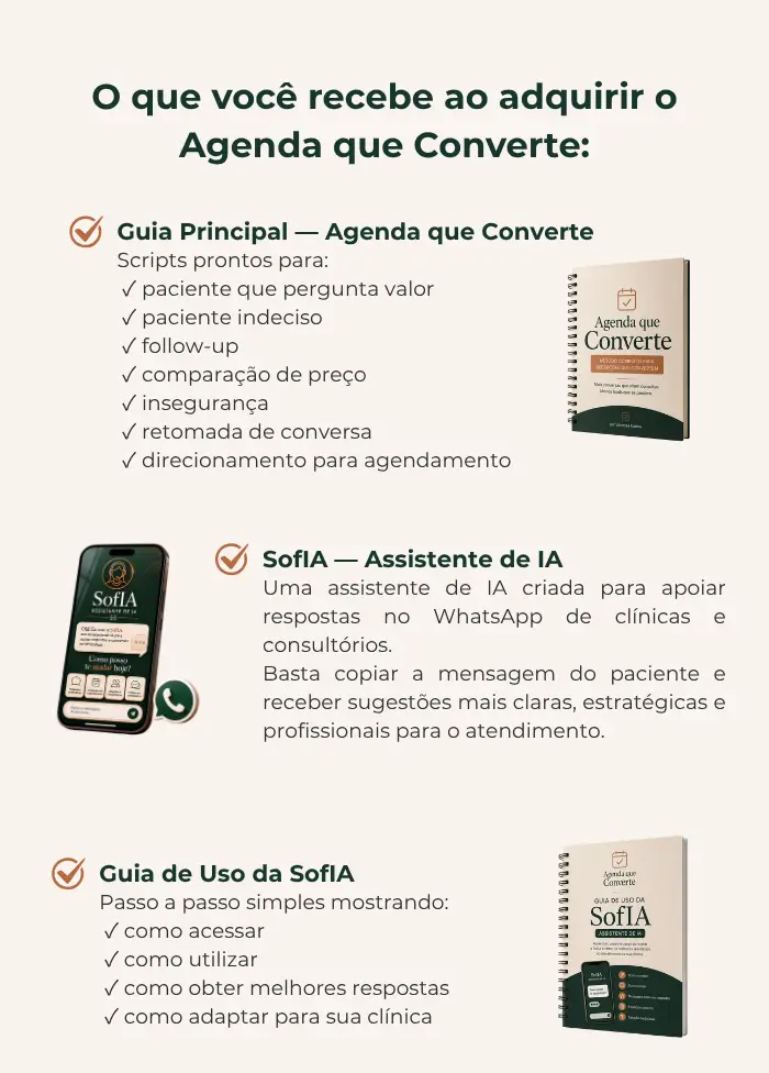 Materiais inclusos no Agenda que Converte como scripts prontos, assistente de IA SofIA, biblioteca de prompts e checklist da recepção.