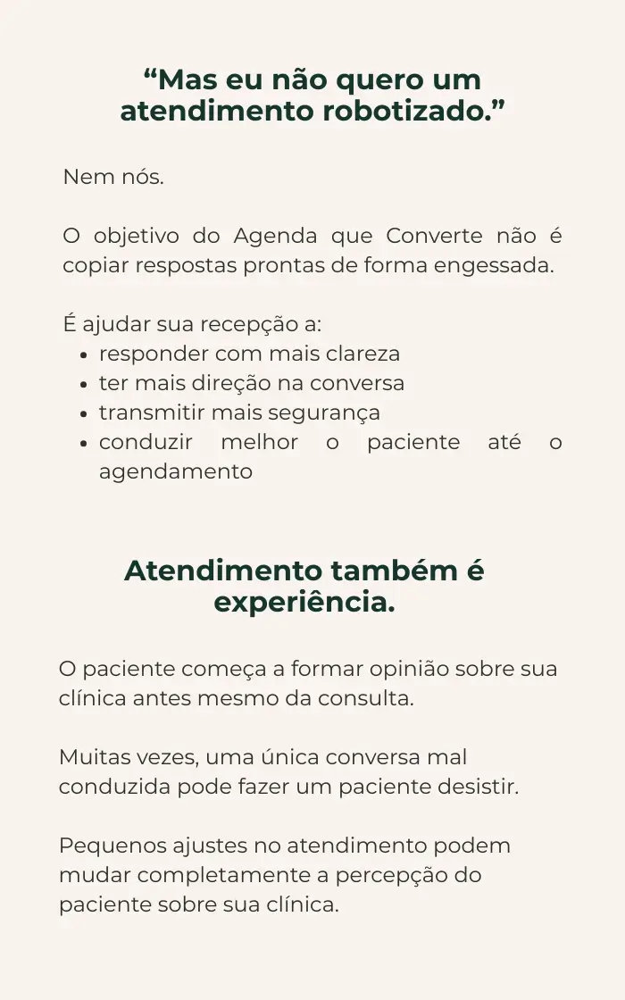 Página do Agenda que Converte explicando que o objetivo não é robotizar o atendimento, mas melhorar clareza, segurança e condução da conversa.