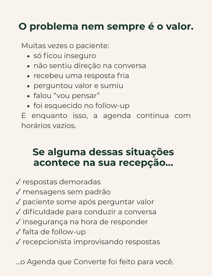 Página do Agenda que Converte explicando como respostas confusas, demora e falta de follow-up fazem pacientes desistirem do atendimento.