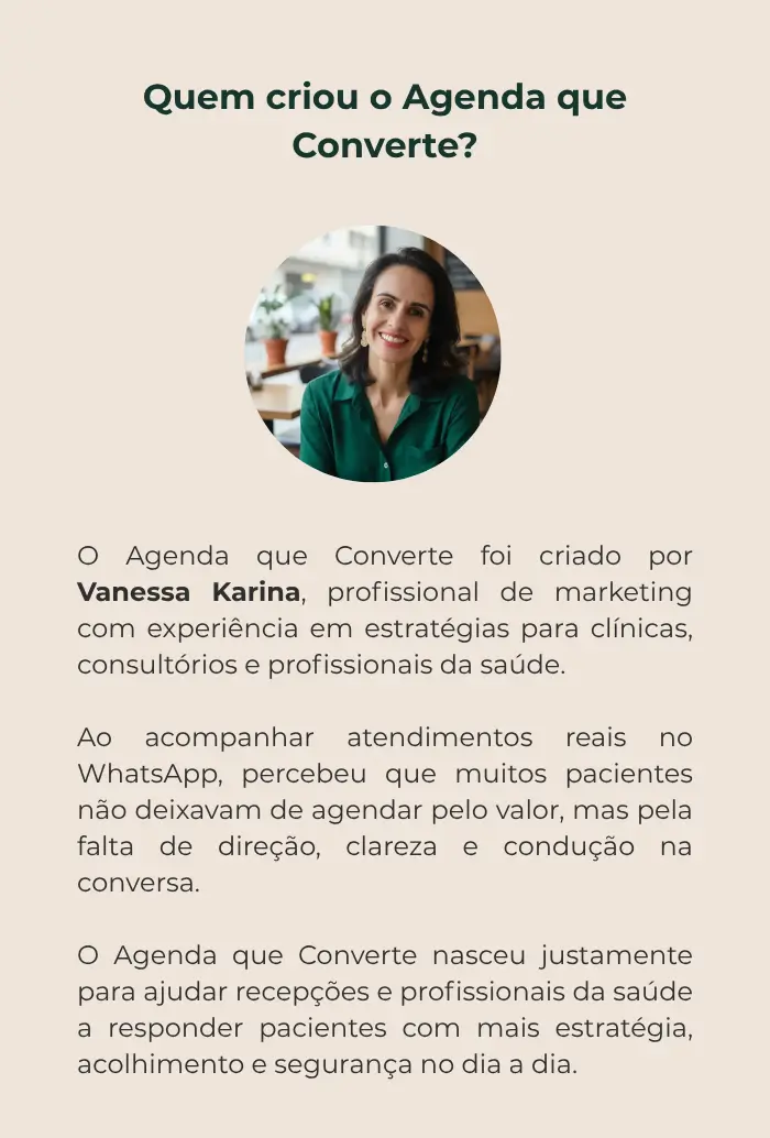 Vanessa Karina apresentando o Agenda que Converte e explicando como o método surgiu para melhorar o atendimento de clínicas no WhatsApp.